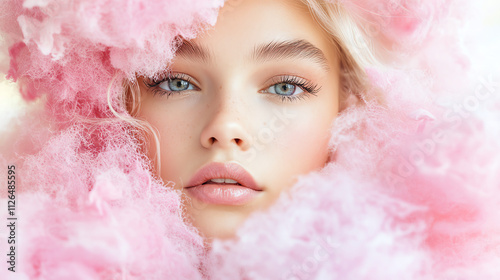 Close-up of a model with soft, pink cotton-like material enveloping her face, evoking elegance and beauty.