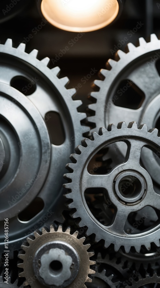 A detailed view of an arrangement of metallic gears and cogs, showcasing the intricacies of industrial design and mechanical engineering, illuminated from above to highlight the textures A detailed view of an arrangement of metallic gears and cogs, showcasing the intricacies of industrial design and mechanical engineering, illuminated from above to highlight the textures