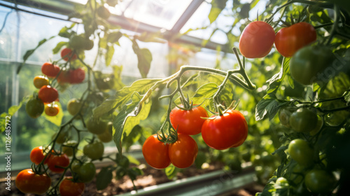 A tomato plant growing in a greenhouse, tomatoes stock image photo