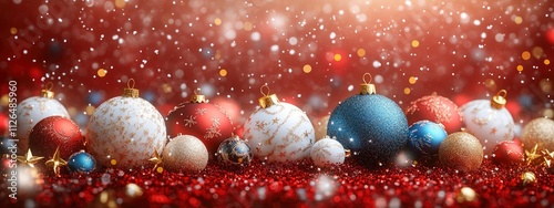 Christmas background with decoration and balls in blue and red colors. copy space. New Year card. Elegant holiday decor. Aesthetic and modern seasonal vibe. banner 