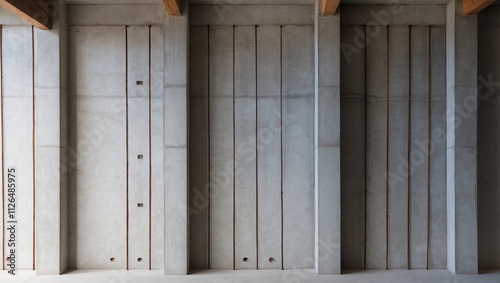 Minimalist concrete walls combined with wooden beams feature vertical lines and openings, exuding an industrial ambiance in modern architectural design.