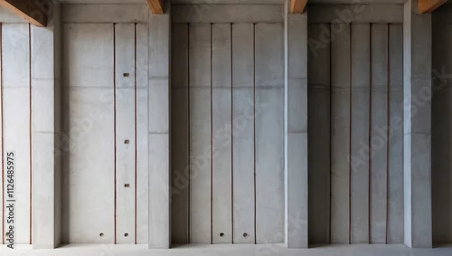 Fototapeta Minimalist concrete walls combined with wooden beams feature vertical lines and openings, exuding an industrial ambiance in modern architectural design.