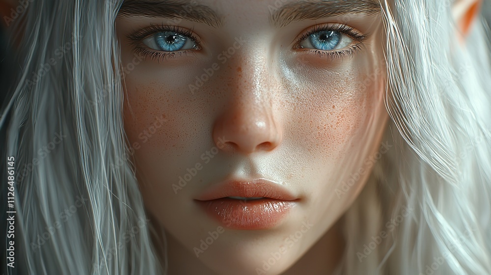 Close-Up Portrait of a Beautiful Elf Girl with Long, Flowing Hair Close-Up Portrait of a Beautiful Elf Girl with Long, Flowing Hair