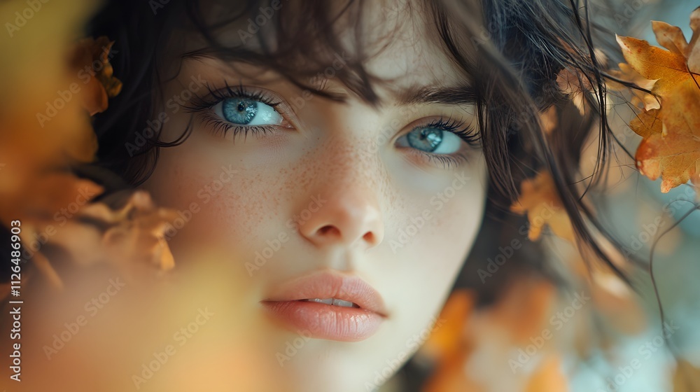 Close-up of a woman with blue eyes framed by autumn leaves. Close-up of a woman with blue eyes framed by autumn leaves.