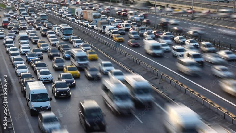 City traffic time lapse in sunset. City traffic at rush hour. Heavy evening traffic. Cars trying to reach home at rush hour. Blurred background and glittering chaos. 