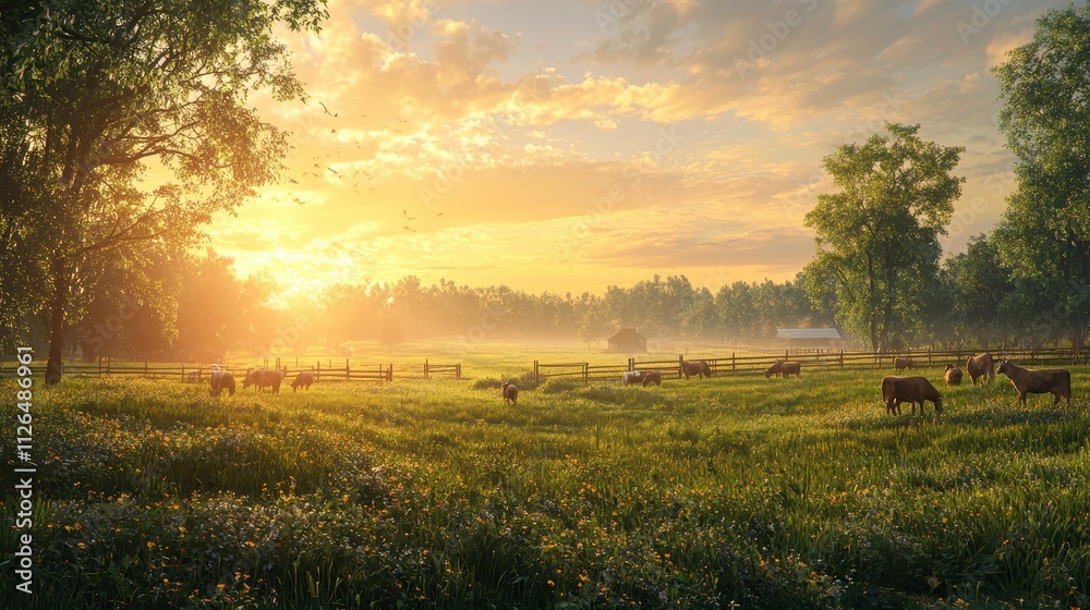 Fototapeta premium Tranquil Morning on a Quaint Farm in the Countryside with Animals