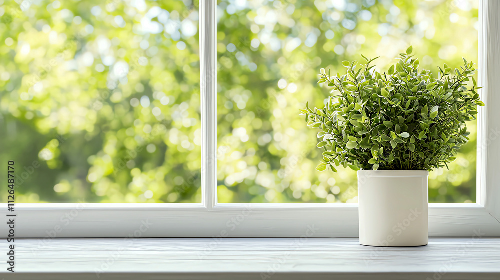 A small potted plant sits on a windowsill, bathed in soft sunlight, with lush greenery visible outside the window. A small potted plant sits on a windowsill, bathed in soft sunlight, with lush greenery visible outside the window.