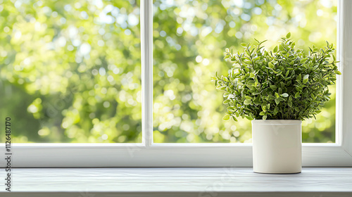 A small potted plant sits on a windowsill, bathed in soft sunlight, with lush greenery visible outside the window.