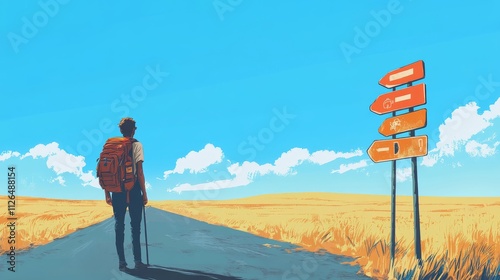 Wallpaper Mural Adventurer with backpack standing on road, crossroads signpost under blue sky, scenic journey, warm countryside landscape Torontodigital.ca