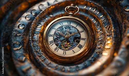 A vintage pocket watch at the center of a swirling spiral of numbers and clock faces photo