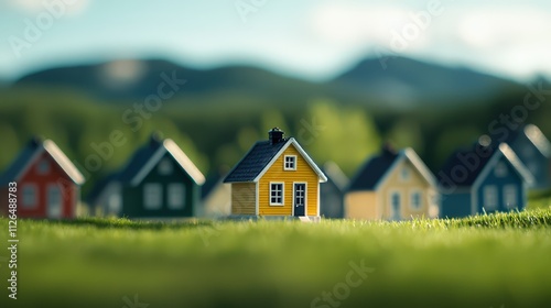 Tilt-shift close-up view of colorful toy houses against a blurred natural backdrop