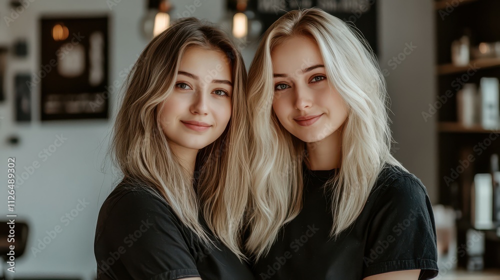 Beautiful girls with hair coloring in blond. Straight and smooth hair coloring in ultra blond color in a beauty salon. Beauty, cosmetics and makeup Beautiful girls with hair coloring in blond. Straight and smooth hair coloring in ultra blond color in a beauty salon. Beauty, cosmetics and makeup