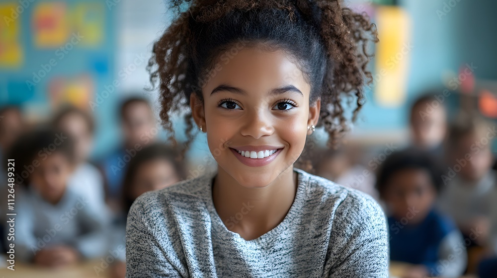 Smiling young girl in a classroom setting with students in the background. Smiling young girl in a classroom setting with students in the background.