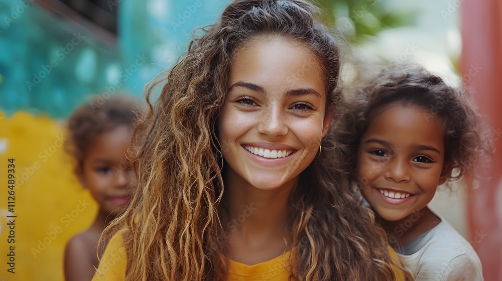 Fototapeta premium Young woman with curly hair smiling with two young children outdoors.