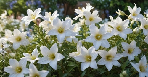 White platycodon grandiflorus blossoms adding beauty to a garden landscape, front yard, white petals, close-up