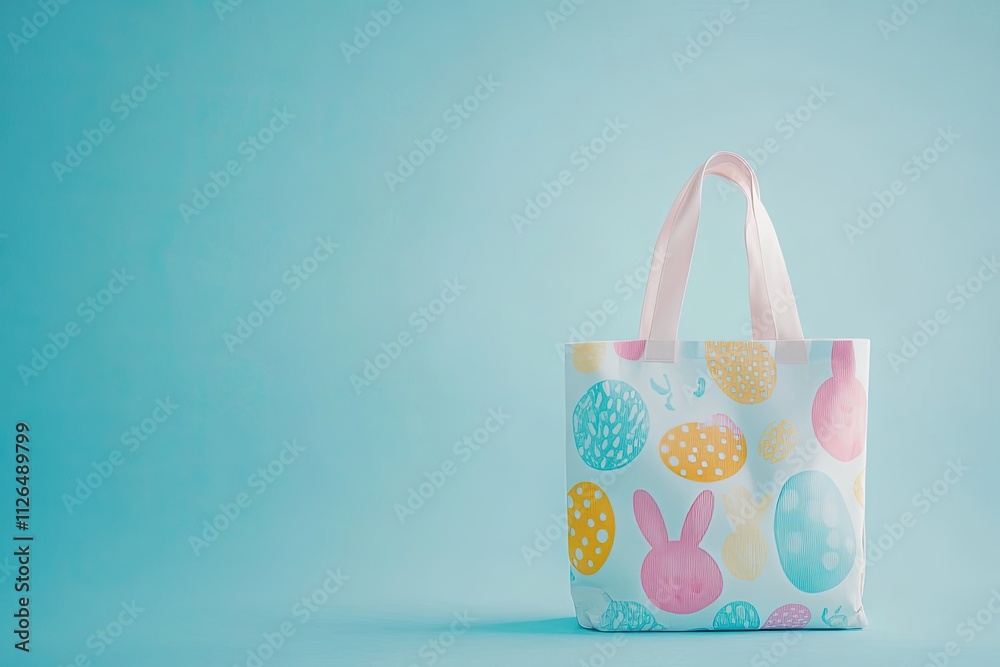 Pastel Easter Tote Bag with Bunny and Egg Design on Light Blue Background Pastel Easter Tote Bag with Bunny and Egg Design on Light Blue Background