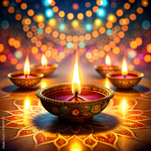 The most famous symbol of Diwali, a lit diya, glowing against a warm