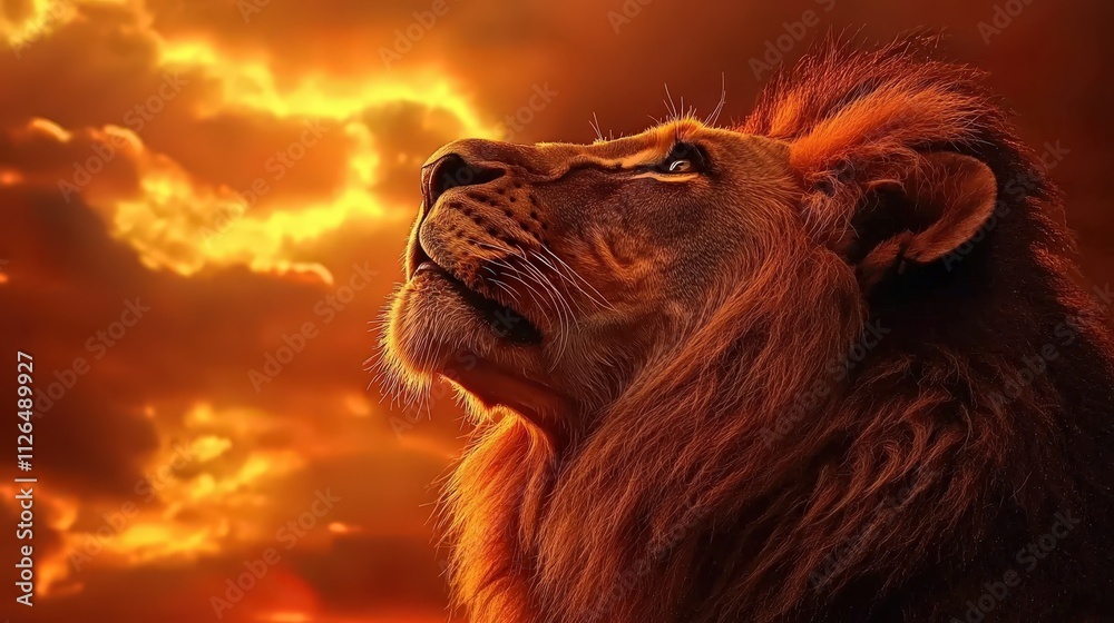 Fototapeta premium Majestic lion gazes up at the vibrant sunset on the savanna