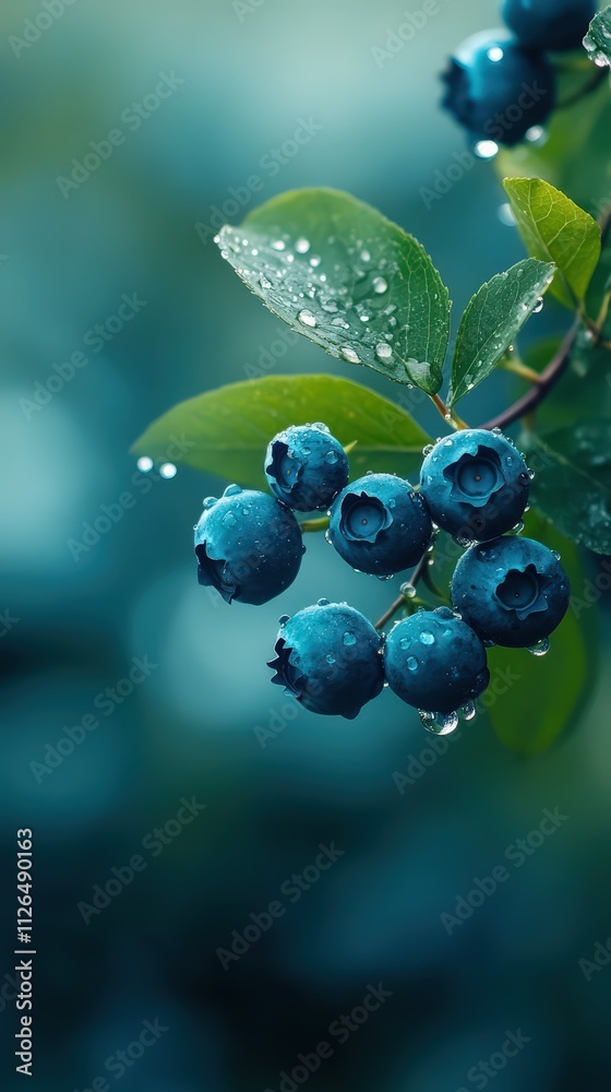 Close-up view of blueberry branches with raindrops on ripe fruit Close-up view of blueberry branches with raindrops on ripe fruit