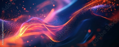 Abstract digital background with glowing lines and dots forming a network, Dark blue and purple backdrop with orange highlights.