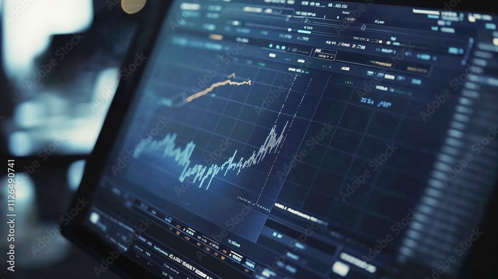 Financial market data displayed on computer screen showing rising stock chart. Blue-tinted trading platform interface with graphs and statistics for investment analysis Financial market data displayed on computer screen showing rising stock chart. Blue-tinted trading platform interface with graphs and statistics for investment analysis