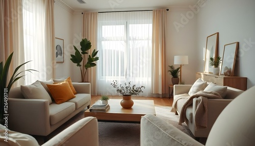 A serene and inviting aesthetic living room is showcased. The camera slowly pans across the room, capturing the soft, natural light filtering through large windows adorned with sheer curtains. The fur