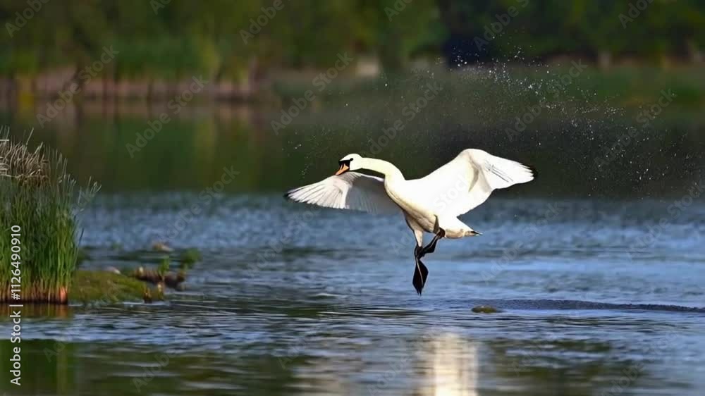 White Swan Taking Flight from a Lake, Splashing Water White Swan Taking Flight from a Lake, Splashing Water