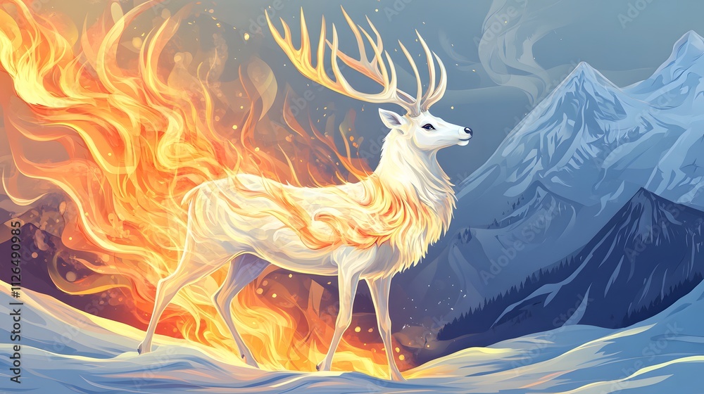 A majestic white deer with perfect antlers, in the mountains and beautiful fire effects A majestic white deer with perfect antlers, in the mountains and beautiful fire effects