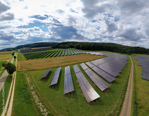 Larger solar field with solar cells under cloudy skies in late summer in Germany