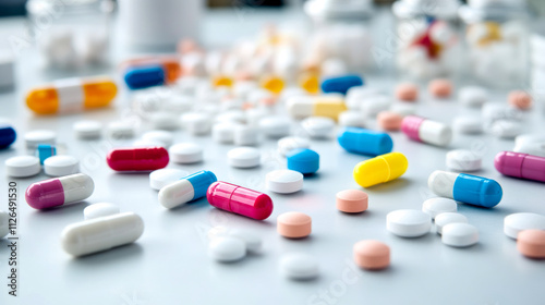 A colorful assortment of pills and capsules scattered across a surface, highlighting various shapes and sizes of medications.