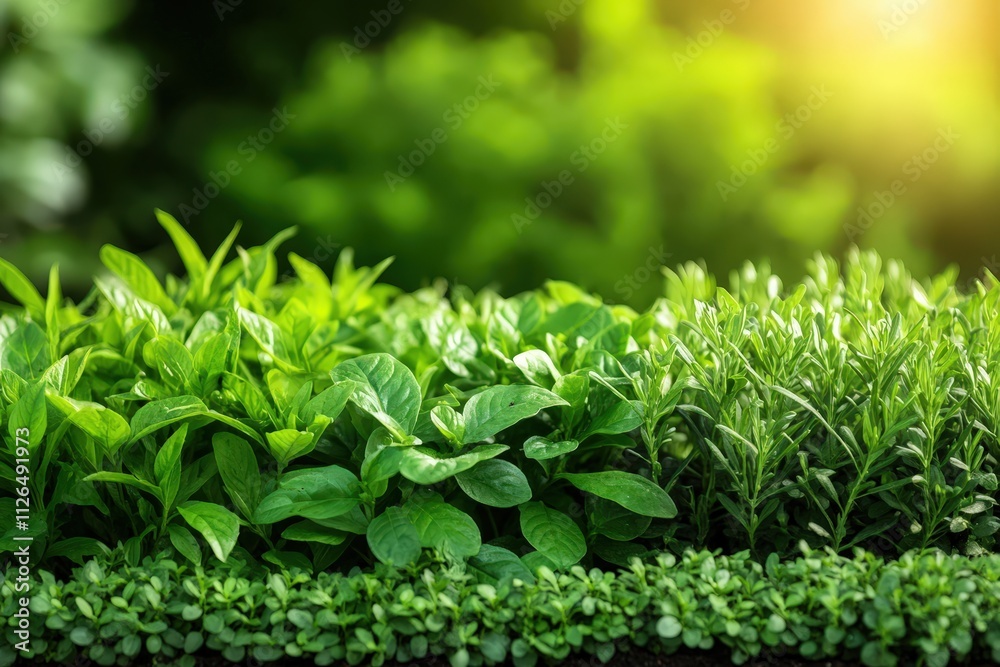 Fresh green herbs and leafy plants arranged neatly in a vibrant garden setting Fresh green herbs and leafy plants arranged neatly in a vibrant garden setting