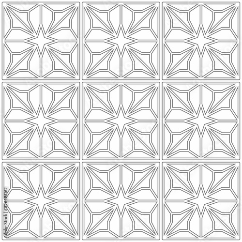 Seamless abstract geometric pattern, consisting of star and polygon shapes, arranged regularly and symmetrically to form a square. Suitable for various creative projects or decorative elements.