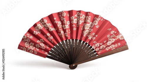 Red silk hand fan with golden cherry blossom design displayed elegantly photo