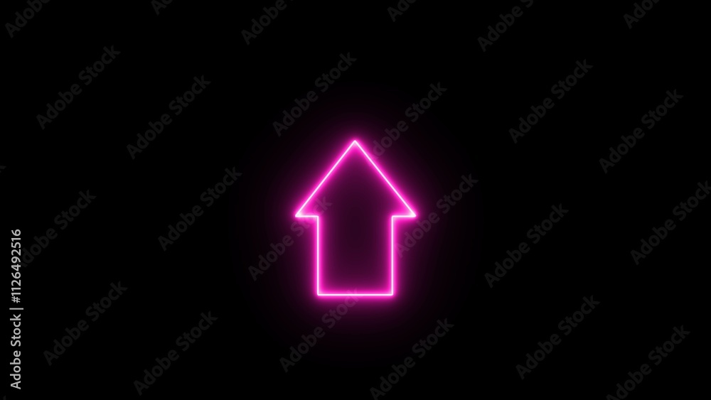 Neon upload arrow icon on black background. pink color up arrow direction icon illumination. Neon upload arrow icon on black background. pink color up arrow direction icon illumination.