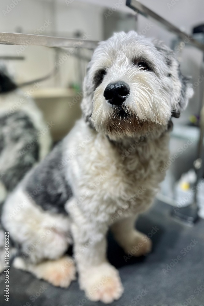 White and gray Podskoy Lowland Shepherd sitting on black grooming table before haircut in grooming salon against mirror background. Large dog White and gray Podskoy Lowland Shepherd sitting on black grooming table before haircut in grooming salon against mirror background. Large dog