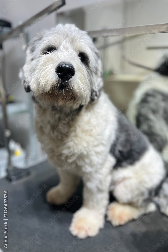 White and grey polish Lowland Shepherd sitting on black grooming table before haircut in grooming salon against mirror background near scissors. Large dog White and grey polish Lowland Shepherd sitting on black grooming table before haircut in grooming salon against mirror background near scissors. Large dog