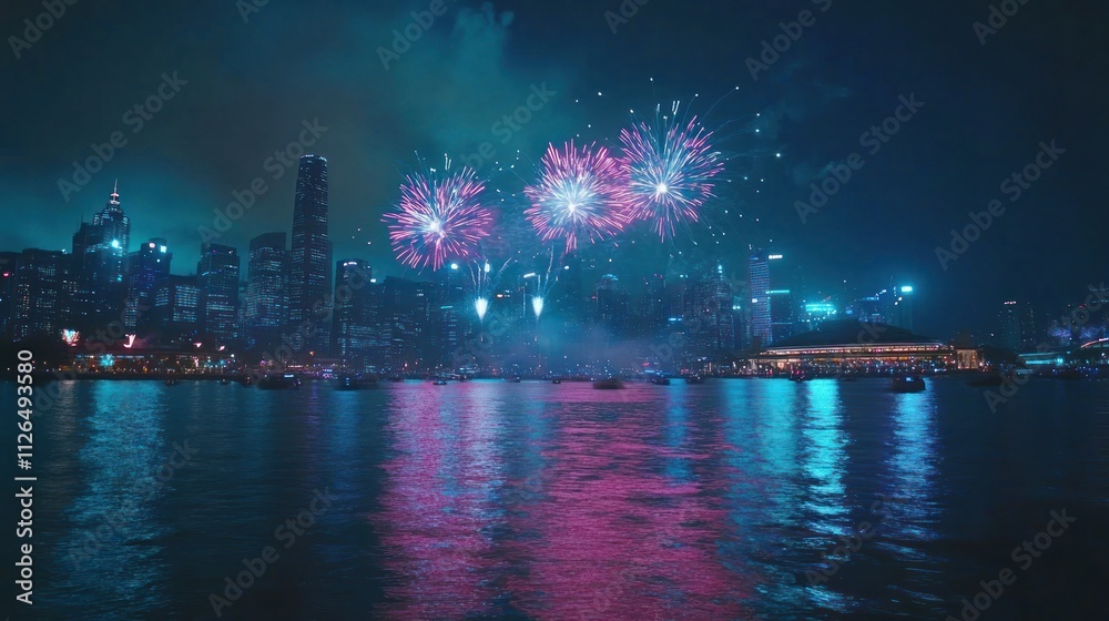 Obraz premium Cityscape fireworks display over water.