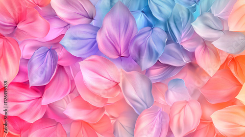 An abstract background featuring an array of colorful leaves in shades of pink, light blue and purple.