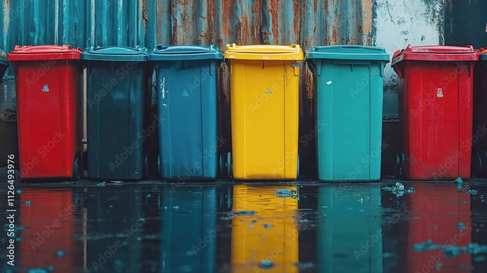 Colorful recycling bins lined up against weathered wall with water reflection. Environmental concept showing red, blue, yellow and green waste containers in urban setting Colorful recycling bins lined up against weathered wall with water reflection. Environmental concept showing red, blue, yellow and green waste containers in urban setting