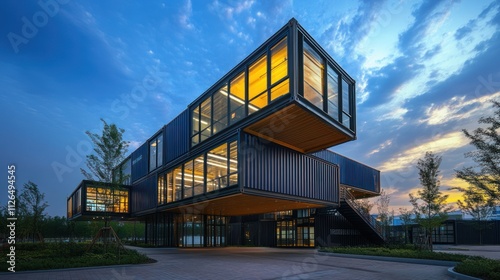 Modern container building at dusk.