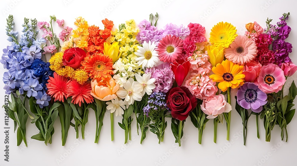 A variety of colorful flowers arranged in rows pattern on white background A variety of colorful flowers arranged in rows pattern on white background
