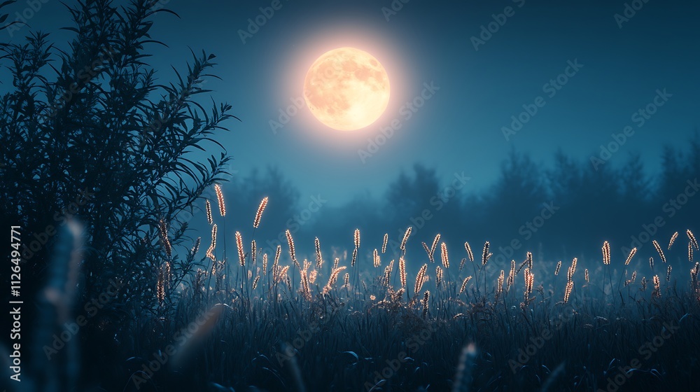 Nighttime Field Illuminated By A Large Full Moon Nighttime Field Illuminated By A Large Full Moon