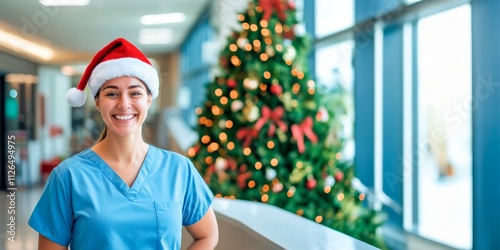nurse in a Christmas hat smiling at the camera against a blurred hospital background with a Christmas tree. Close-up portrait of a female medical worker wearing blue scrubs and a Santa Claus costume, 