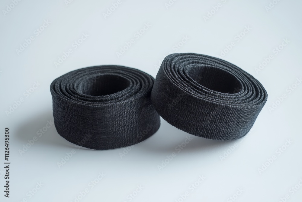 Two rolled black ribbons on a light background. Perfect for crafting and design projects. Add elegance to your creations. Explore endless possibilities with these ribbons. Generative AI Two rolled black ribbons on a light background. Perfect for crafting and design projects. Add elegance to your creations. Explore endless possibilities with these ribbons. Generative AI
