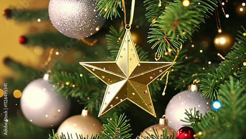 christmas tree with gold star and decorations photo