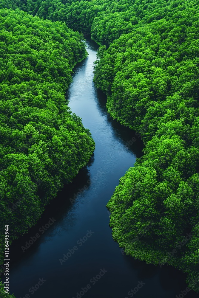 Aerial view of a winding river through dense forest, tranquil and green Aerial view of a winding river through dense forest, tranquil and green
