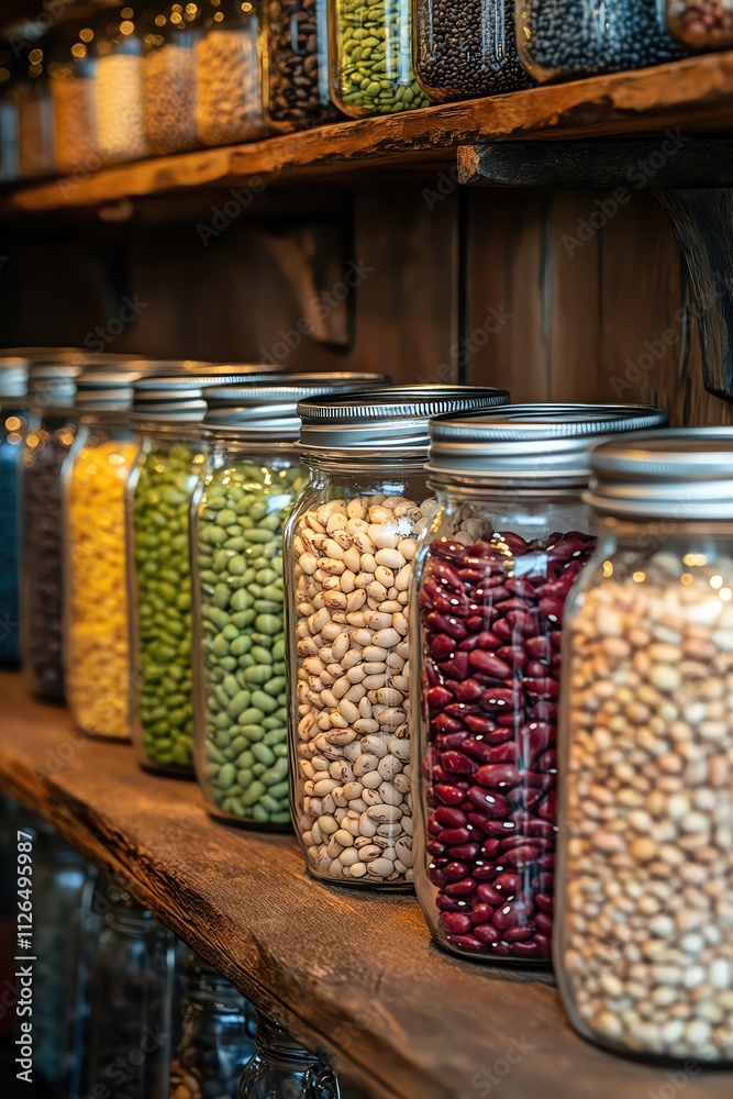 Assorted beans in glass jars, lined up on a counter, warm lighting, closeup, rustic market setting Assorted beans in glass jars, lined up on a counter, warm lighting, closeup, rustic market setting