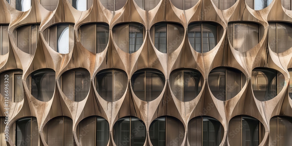 Abstract Architectural Facade: Geometric Bronze and Stone Building Exterior in Urban Setting Abstract Architectural Facade: Geometric Bronze and Stone Building Exterior in Urban Setting