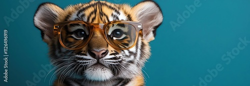 Cute tiger cub wearing sunglasses against a teal background, playful and cool