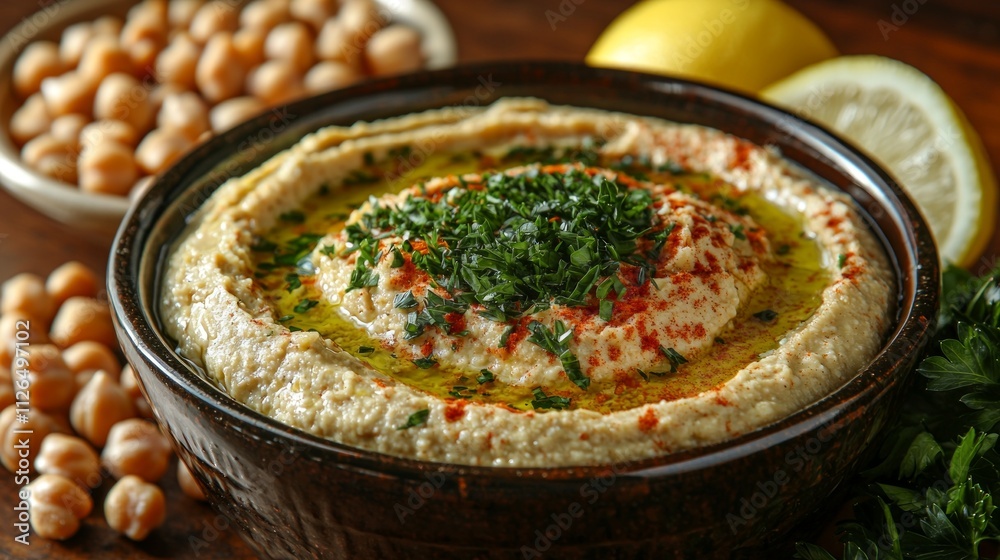 bowl creamy hummus elegantly arranged fresh chickpeas tahini paste lemon wedges and drizzle olive oil topped paprika and parsley. bowl creamy hummus elegantly arranged fresh chickpeas tahini paste lemon wedges and drizzle olive oil topped paprika and parsley.